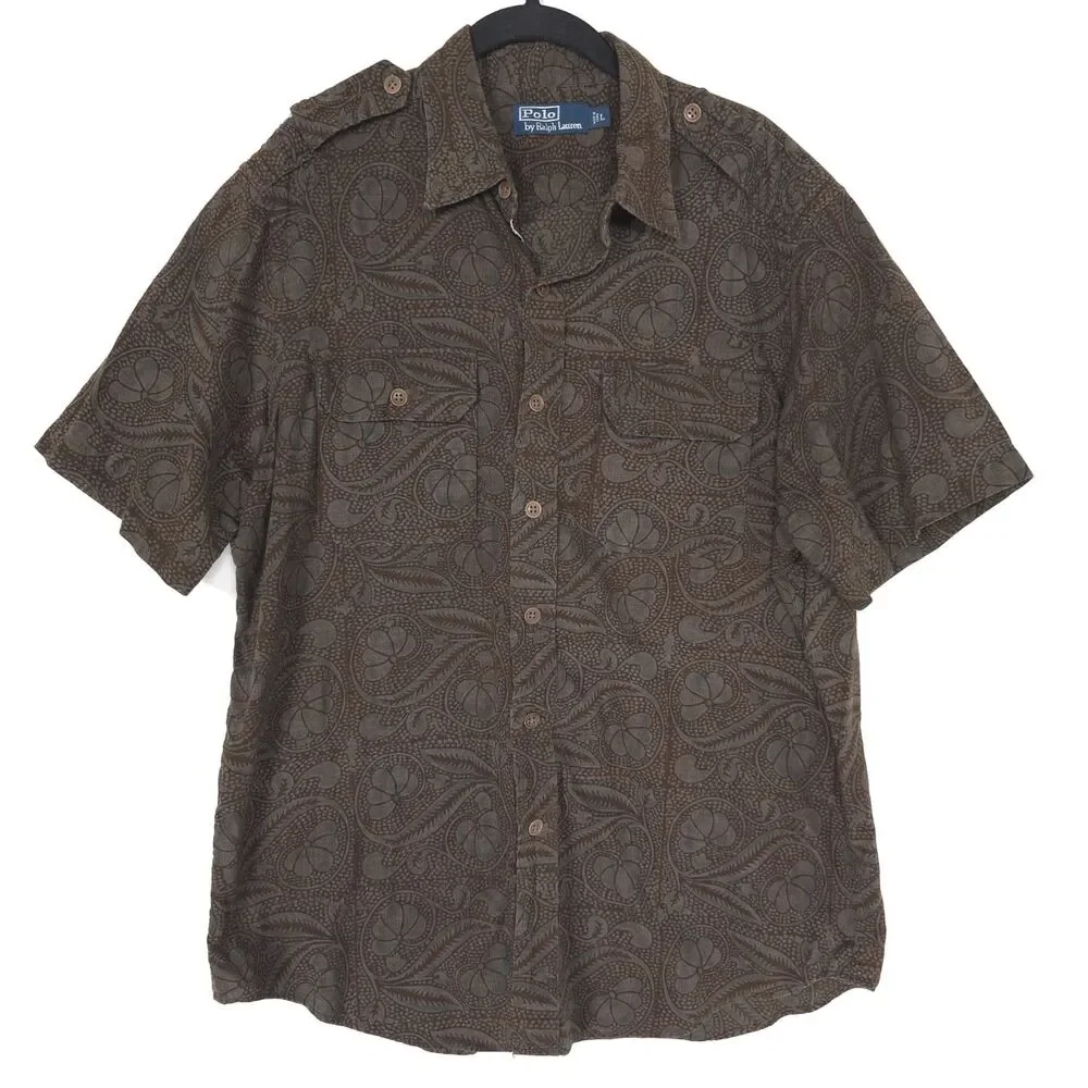 POLO RALPH‎ LAUREN Mens Paisley Camp Shirt LARGE Brown Button 100% Cotton